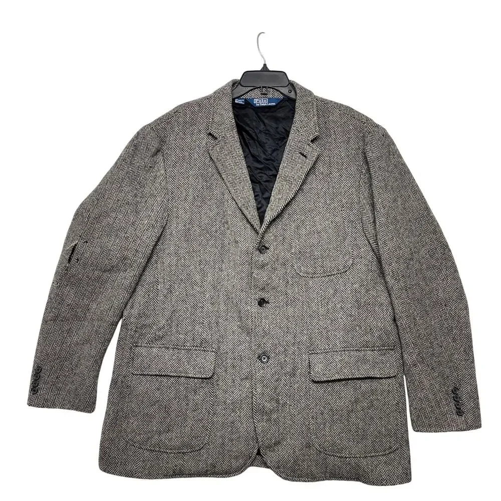 Vintage Polo Ralph Lauren Blazer 2XL Mens Gray Lambswool Alpaca Herringbone NWT